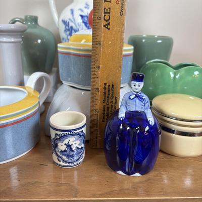 LOT 98: Delft Blue Dutch Boy & Toothpick Holder, OGGI Mini Yellow Canister, Villeroy & Boch Switch 1 (Ava, Caru, & Beala)...