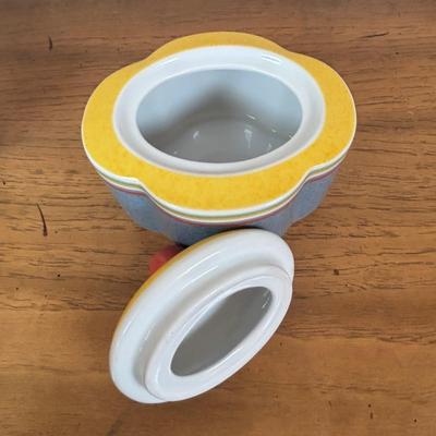 LOT 98: Delft Blue Dutch Boy & Toothpick Holder, OGGI Mini Yellow Canister, Villeroy & Boch Switch 1 (Ava, Caru, & Beala)...