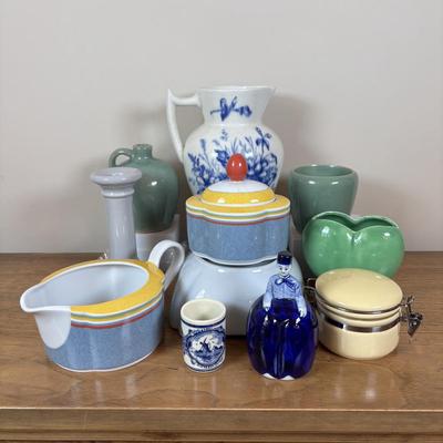LOT 98: Delft Blue Dutch Boy & Toothpick Holder, OGGI Mini Yellow Canister, Villeroy & Boch Switch 1 (Ava, Caru, & Beala)...
