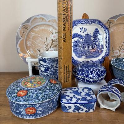 LOT 100: Vintage Old Willow Plate, England, 2-Hand Painted Lusterware Plates, Toyo Hand Painted Dresser Box &Bowl, Porcelain Trinket...