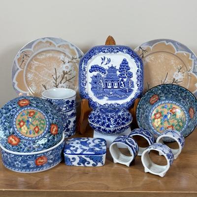 LOT 100: Vintage Old Willow Plate, England, 2-Hand Painted Lusterware Plates, Toyo Hand Painted Dresser Box &Bowl, Porcelain Trinket...