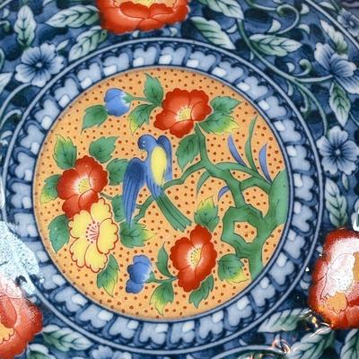 LOT 100: Vintage Old Willow Plate, England, 2-Hand Painted Lusterware Plates, Toyo Hand Painted Dresser Box &Bowl, Porcelain Trinket...