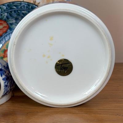 LOT 100: Vintage Old Willow Plate, England, 2-Hand Painted Lusterware Plates, Toyo Hand Painted Dresser Box &Bowl, Porcelain Trinket...