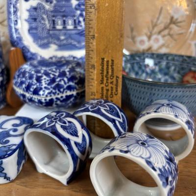 LOT 100: Vintage Old Willow Plate, England, 2-Hand Painted Lusterware Plates, Toyo Hand Painted Dresser Box &Bowl, Porcelain Trinket...