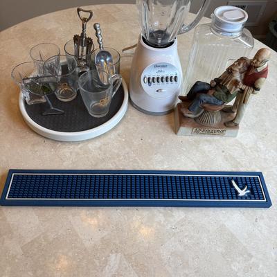 LOT 101: Bar Set-Up Essentials: Osterizer 14speed Blender, Bar Foot Rail Brackets, GreyGoose Spill Mat Runner, Lionstone Whiskey...