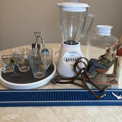 LOT 101: Bar Set-Up Essentials: Osterizer 14speed Blender, Bar Foot Rail Brackets, GreyGoose Spill Mat Runner, Lionstone Whiskey...