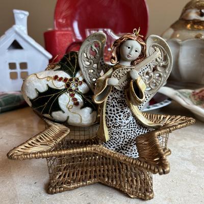 LOT 102: Holiday Decor: Glazed Snowman & Bowl, Lenox Rustic Berry Plate, Roman Inc. Artisan Angel Ornament, Pfaltzgraff & More