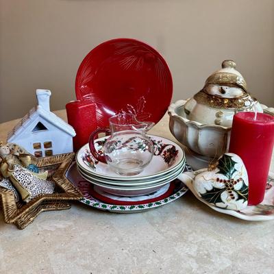 LOT 102: Holiday Decor: Glazed Snowman & Bowl, Lenox Rustic Berry Plate, Roman Inc. Artisan Angel Ornament, Pfaltzgraff & More