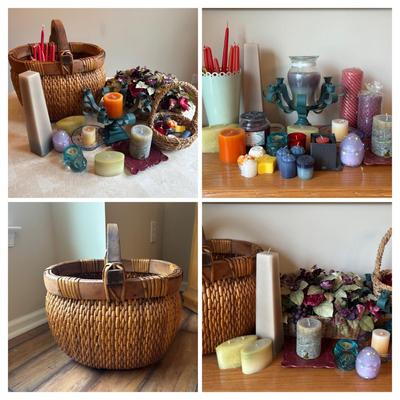 LOT 103: Home Decor Woven Gathering Basket and Candles