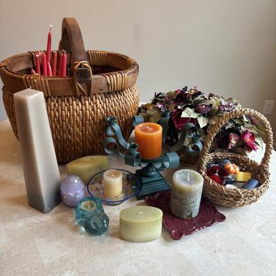 LOT 103: Home Decor Woven Gathering Basket and Candles