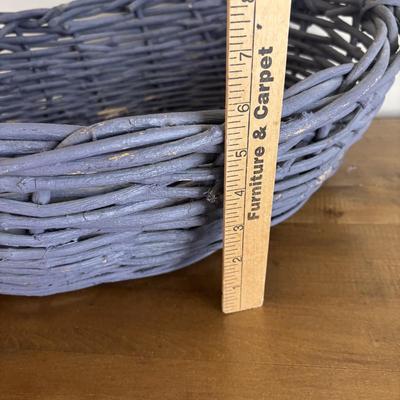 LOT 104: Large Blue Wicker Basket w/Ceramic Handles, LBK Berry Design Pitcher, Blue/White Candlesticks, Metal Flower Vase, Blue Glaze...