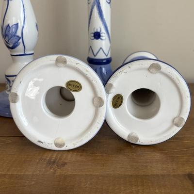 LOT 104: Large Blue Wicker Basket w/Ceramic Handles, LBK Berry Design Pitcher, Blue/White Candlesticks, Metal Flower Vase, Blue Glaze...