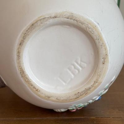 LOT 104: Large Blue Wicker Basket w/Ceramic Handles, LBK Berry Design Pitcher, Blue/White Candlesticks, Metal Flower Vase, Blue Glaze...