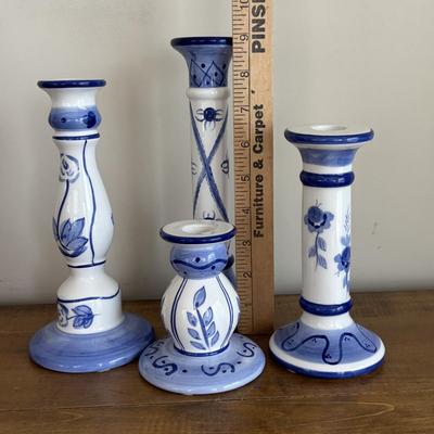LOT 104: Large Blue Wicker Basket w/Ceramic Handles, LBK Berry Design Pitcher, Blue/White Candlesticks, Metal Flower Vase, Blue Glaze...