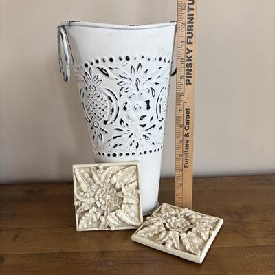 LOT 104: Large Blue Wicker Basket w/Ceramic Handles, LBK Berry Design Pitcher, Blue/White Candlesticks, Metal Flower Vase, Blue Glaze...