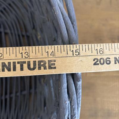 LOT 104: Large Blue Wicker Basket w/Ceramic Handles, LBK Berry Design Pitcher, Blue/White Candlesticks, Metal Flower Vase, Blue Glaze...