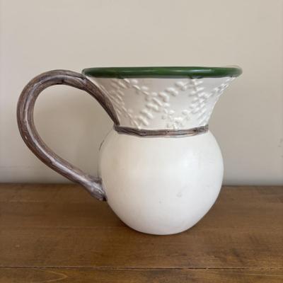 LOT 104: Large Blue Wicker Basket w/Ceramic Handles, LBK Berry Design Pitcher, Blue/White Candlesticks, Metal Flower Vase, Blue Glaze...