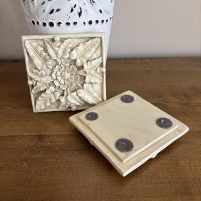 LOT 104: Large Blue Wicker Basket w/Ceramic Handles, LBK Berry Design Pitcher, Blue/White Candlesticks, Metal Flower Vase, Blue Glaze...