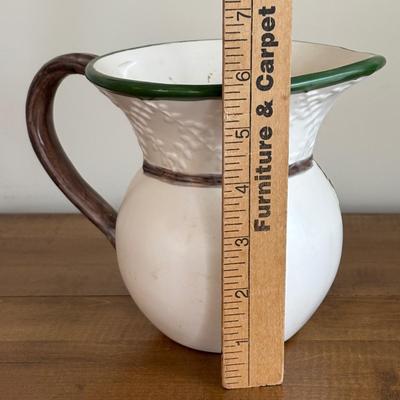 LOT 104: Large Blue Wicker Basket w/Ceramic Handles, LBK Berry Design Pitcher, Blue/White Candlesticks, Metal Flower Vase, Blue Glaze...