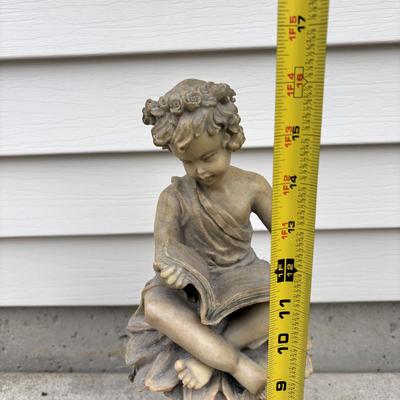 LOT 107: Cast Iron Sundial and Resin Cherub Reading a Book Garden Statue