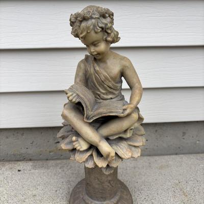 LOT 107: Cast Iron Sundial and Resin Cherub Reading a Book Garden Statue
