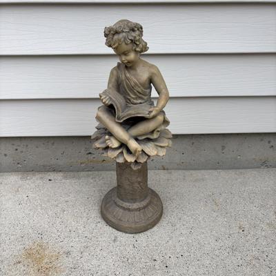 LOT 107: Cast Iron Sundial and Resin Cherub Reading a Book Garden Statue