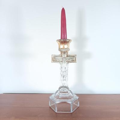 LOT 111: Vintage Glass Crucifix Candlestick Holder, Books on Scotland and Ireland & More