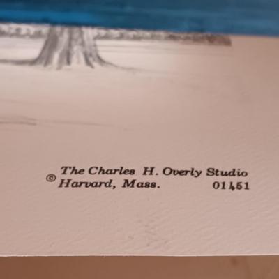 LOT 114: Bookend Lamp, Charles H. Overly Studio Framed Print, Tree Bark Basket, Cow Creamer & More