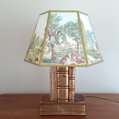 LOT 114: Bookend Lamp, Charles H. Overly Studio Framed Print, Tree Bark Basket, Cow Creamer & More