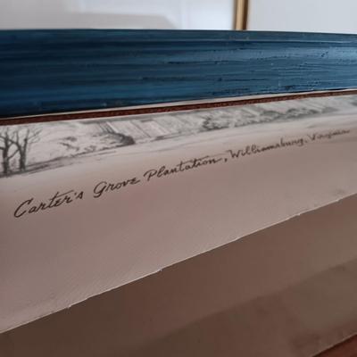 LOT 114: Bookend Lamp, Charles H. Overly Studio Framed Print, Tree Bark Basket, Cow Creamer & More