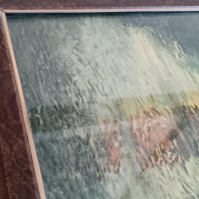 LOT 114: Bookend Lamp, Charles H. Overly Studio Framed Print, Tree Bark Basket, Cow Creamer & More