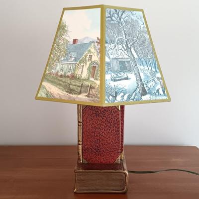 LOT 114: Bookend Lamp, Charles H. Overly Studio Framed Print, Tree Bark Basket, Cow Creamer & More