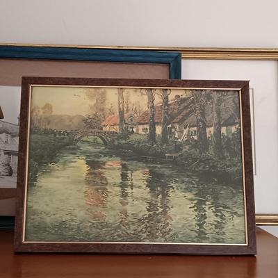 LOT 114: Bookend Lamp, Charles H. Overly Studio Framed Print, Tree Bark Basket, Cow Creamer & More