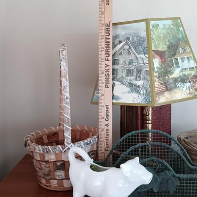 LOT 114: Bookend Lamp, Charles H. Overly Studio Framed Print, Tree Bark Basket, Cow Creamer & More
