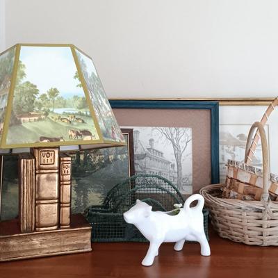 LOT 114: Bookend Lamp, Charles H. Overly Studio Framed Print, Tree Bark Basket, Cow Creamer & More