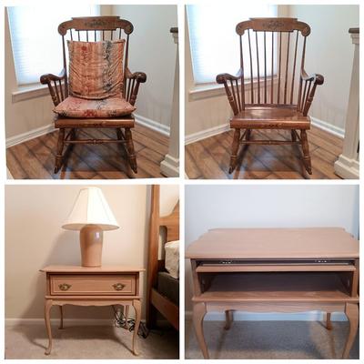 LOT 115: S. Bent & Bros. Rocking Chair, Side Table & Pottery Lamp