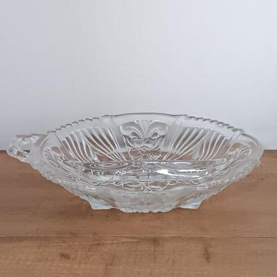 LOT 116: Vintage Frosted and Clear Tulip Bowl, Iris Floral Etched Dish, Crystal and Glass Bottle Stoppers & More