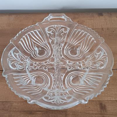 LOT 116: Vintage Frosted and Clear Tulip Bowl, Iris Floral Etched Dish, Crystal and Glass Bottle Stoppers & More