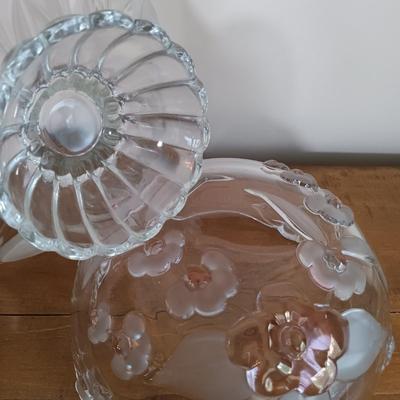 LOT 116: Vintage Frosted and Clear Tulip Bowl, Iris Floral Etched Dish, Crystal and Glass Bottle Stoppers & More