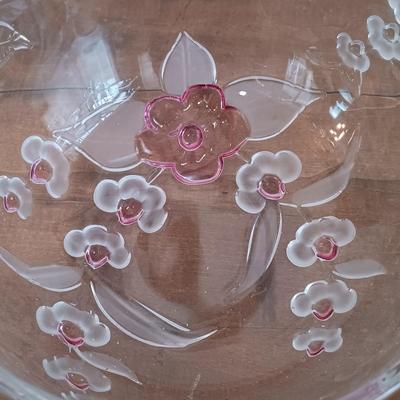 LOT 116: Vintage Frosted and Clear Tulip Bowl, Iris Floral Etched Dish, Crystal and Glass Bottle Stoppers & More
