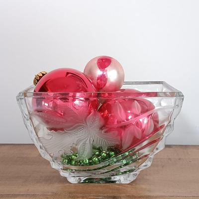 LOT 116: Vintage Frosted and Clear Tulip Bowl, Iris Floral Etched Dish, Crystal and Glass Bottle Stoppers & More