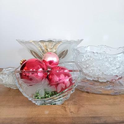 LOT 116: Vintage Frosted and Clear Tulip Bowl, Iris Floral Etched Dish, Crystal and Glass Bottle Stoppers & More