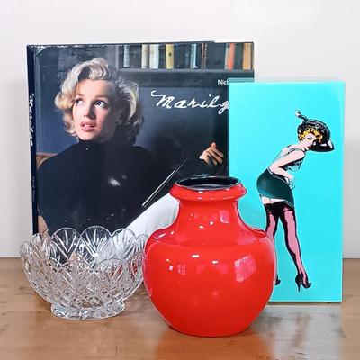 LOT 117: Spextrum Tissue UP Girl, Marilyn Monroe Book, Bright Red Pottery Vase & Vintage Royal Gallery Crystal Bowl