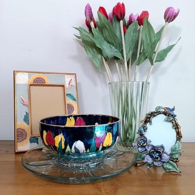 LOT 118: Lustreware Tulip Bowl, Fluted Hobnail Vase, Argentosc Swarovski Crystal Floral Picture Frame & More