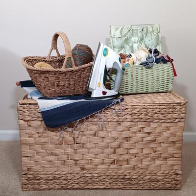 LOT 122: Wicker Trunk, Small Woven Tapestry, Sewing Notions & More