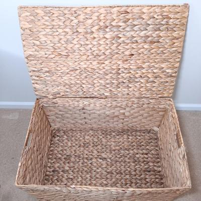 LOT 122: Wicker Trunk, Small Woven Tapestry, Sewing Notions & More