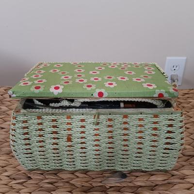 LOT 122: Wicker Trunk, Small Woven Tapestry, Sewing Notions & More