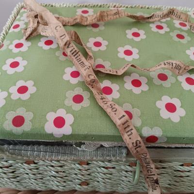 LOT 122: Wicker Trunk, Small Woven Tapestry, Sewing Notions & More