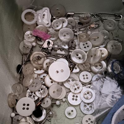 LOT 122: Wicker Trunk, Small Woven Tapestry, Sewing Notions & More