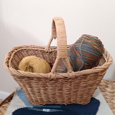 LOT 122: Wicker Trunk, Small Woven Tapestry, Sewing Notions & More